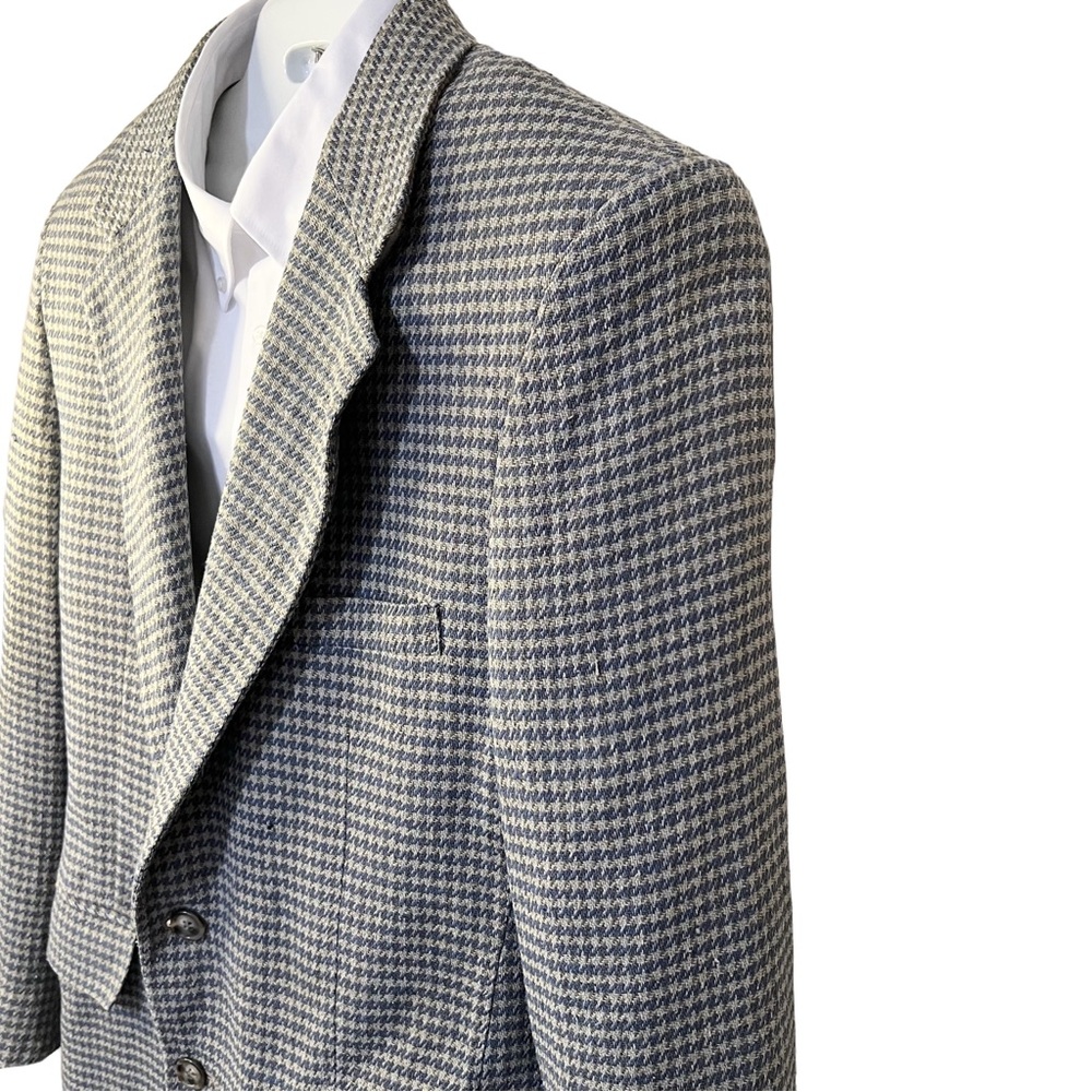 Vintage Stanley Blacker Silk Blazer 40 Houndstooth Tan Navy 2 Button